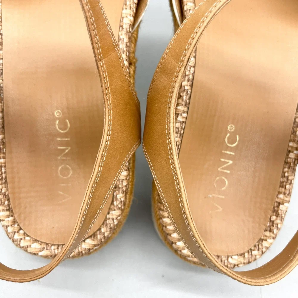 Vionic Womens 9 Mar Platform Sandals Tan Gold Leather Strappy Espadrille Wedge - Picture 11 of 12
